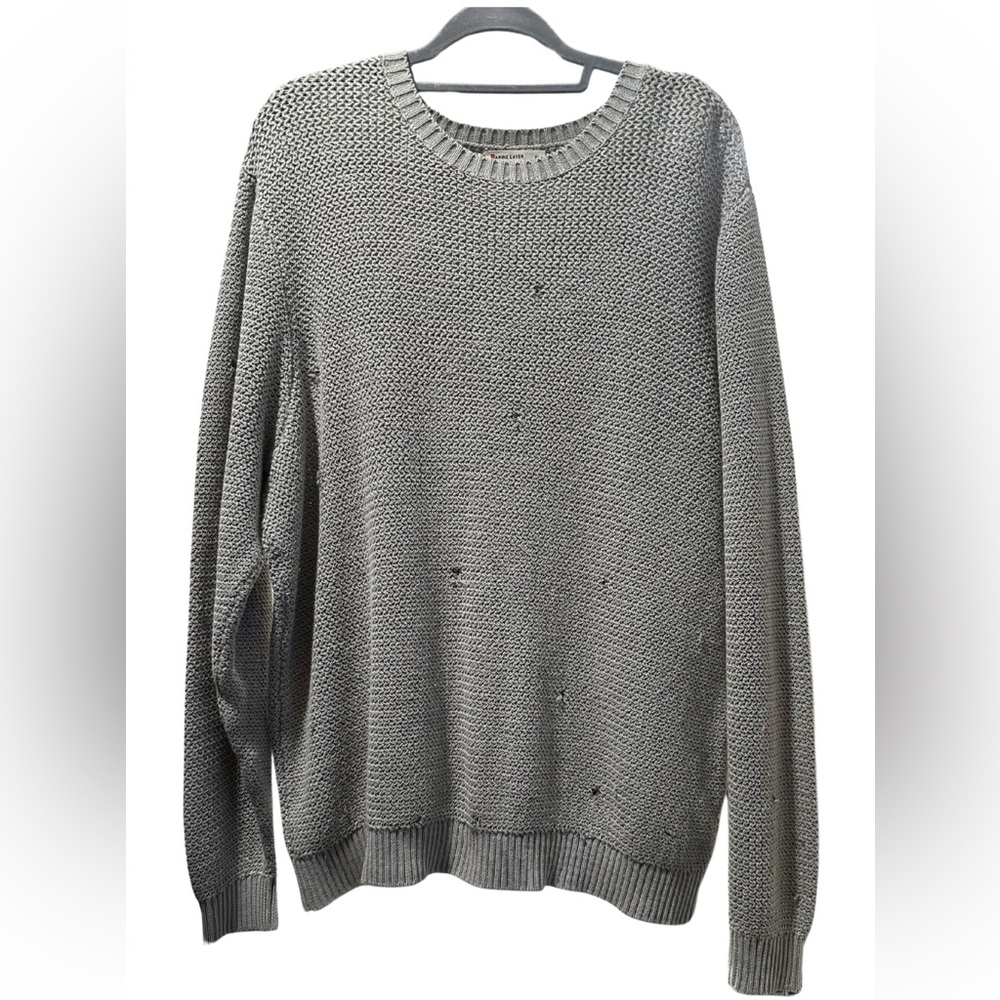 Marine Layer Fisherman Distressed Cotton Cable Knit Sweater, Grey, Size XL - Picture 1 of 6